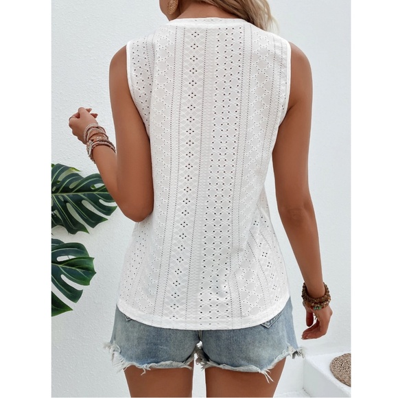 White Eyelet Embroidery Tank Top Regular Fit Casual Boho - Picture 4 of 14